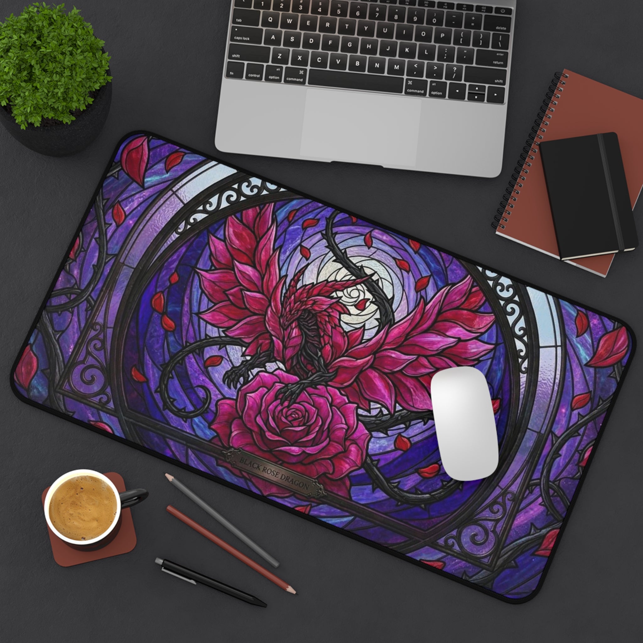 Stained Glass Black Rose Dragon Desk mat
