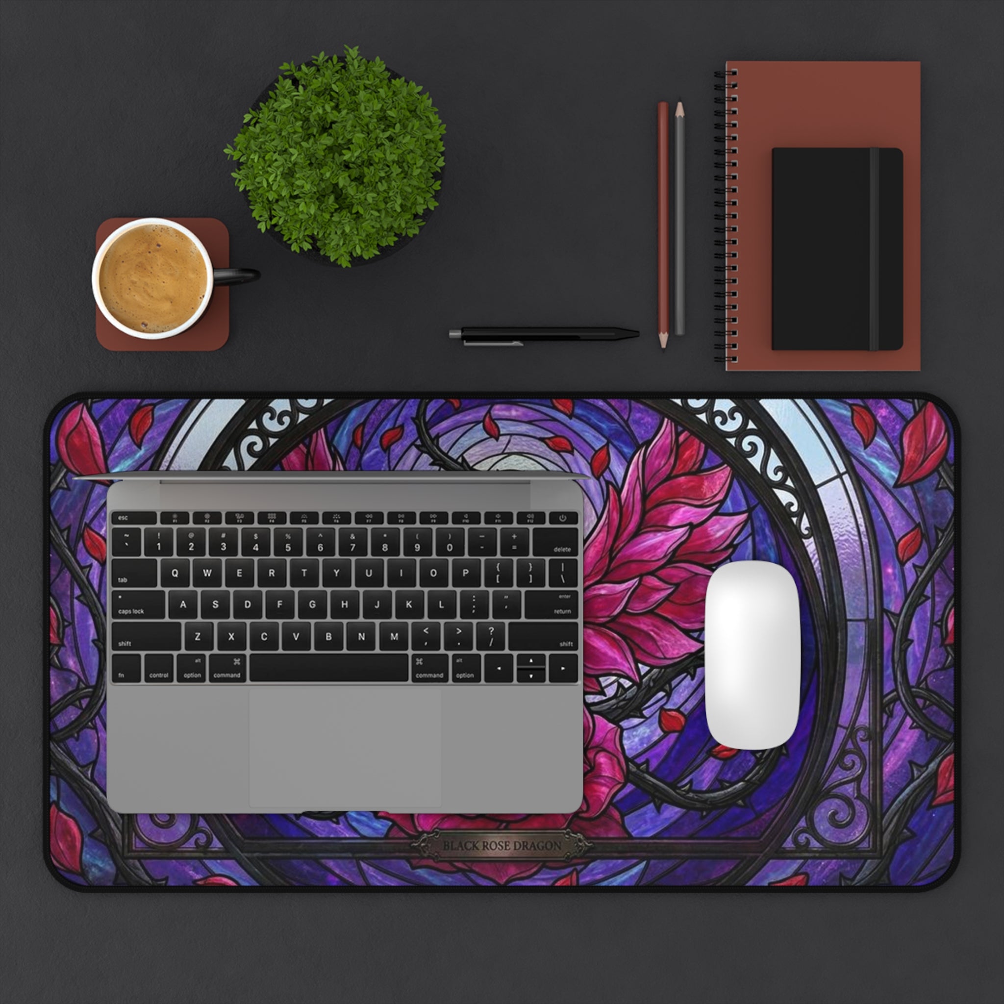 Stained Glass Black Rose Dragon Desk mat